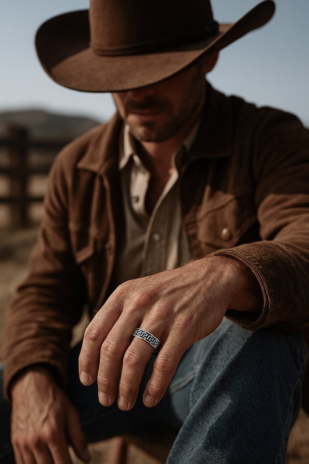 Bague anneau homme acier cle grecque relief